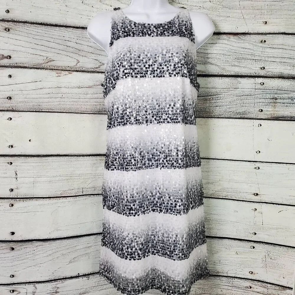 Worthington Small Black White Silver Striped Sequin Sleeveless Dress